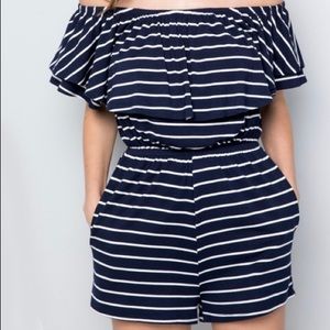 Navy blue white stripes shorts romper with pockets